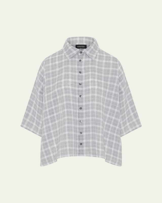 Sloped-Shoulder Wide A-Line Short-Sleeve Shirt With Collar (Mid Length)